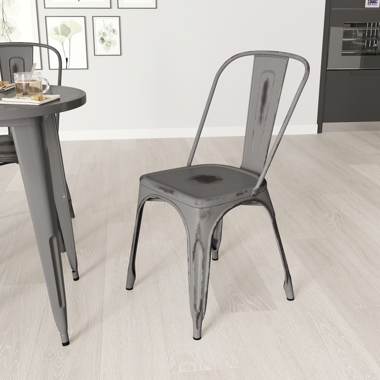 Merrick Lane Banks Indoor/Outdoor Stacking Metal Dining Chair with Single Slat Back and Distressed Powder Coated Finish